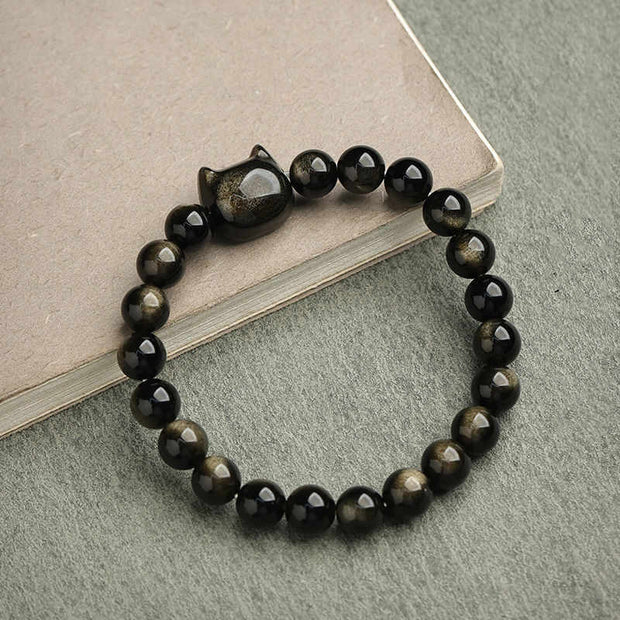 Buddha Stones Gold Sheen Obsidian Silver Sheen Obsidian Lovely Paw Lucky Cat Protection Bracelet