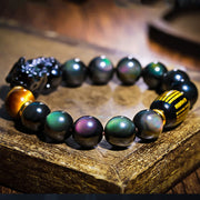 Buddha Stones FengShui PiXiu Rainbow Obsidian Black Onyx Tiger Eye Positive Bracelet Bracelet BS 4
