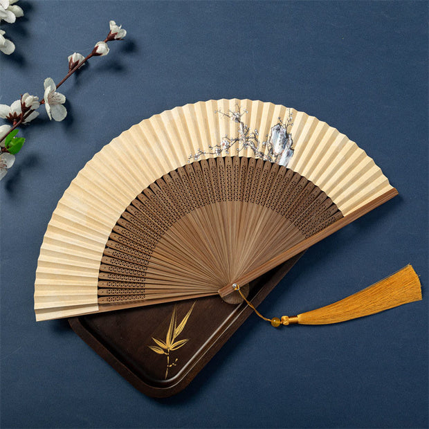 Buddha Stones Lotus Dragonfly Wild Geese Plum Blossom Handheld Silk Bamboo Folding Fan 22.5cm  11