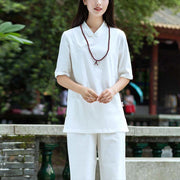 Buddha Stones 2Pcs Half Sleeve V-Neck Shirt Top Pants Meditation Zen Tai Chi Linen Clothing Women's Set Women's Meditation Cloth BS 5