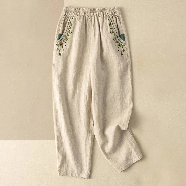 Buddha Stones Vintage Embroidery Elastic Waist Harem Pants With Pockets 13