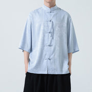 Buddha Stones Simple Jacquard Frog-button Chinese Three Quarter Sleeve Shirt Men T-shirt