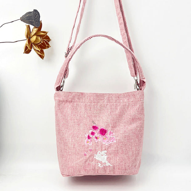 Buddha Stones Embroidery Wisteria Plum Lotus Cherry Blossom Cotton Linen Canvas Tote Crossbody Bag Shoulder Bag Handbag 44