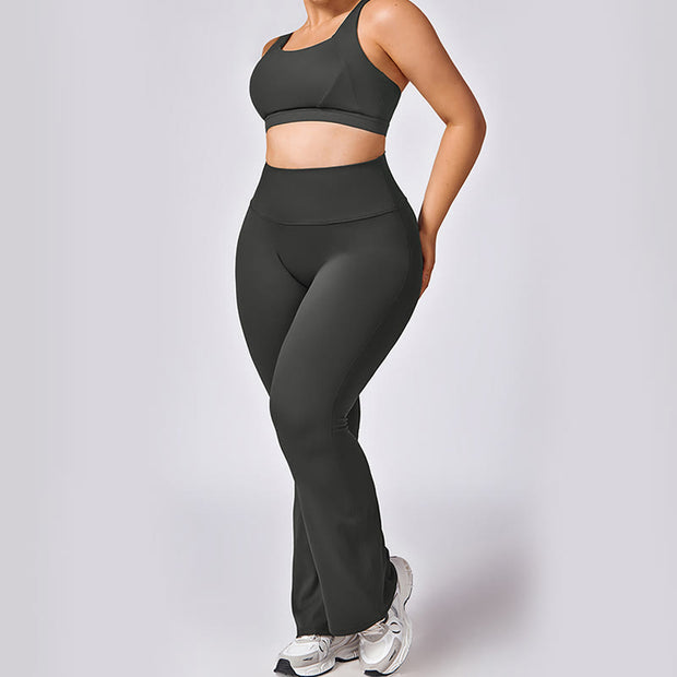 Buddha Stones PLUS SIZE Backless Criss-Cross Strap Bra Flare Pants Sports Gym Yoga Quick Drying Outfits