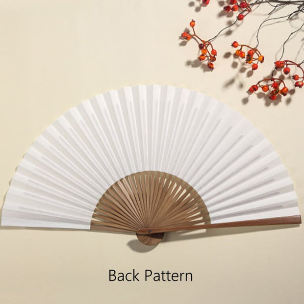 Buddha Stones Pine Tree Garden Peony Handheld Paper Bamboo Folding Fan 26cm 14