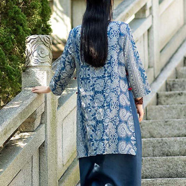 Buddha Stones Blue White Flower Pattern Midi Dress Linen Three Quarter Sleeve Dress With Pockets 6