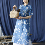Buddha Stones Ramie Linen Blue White Flowers Branches Cheongsam Dresses Short Sleeve Dress 9