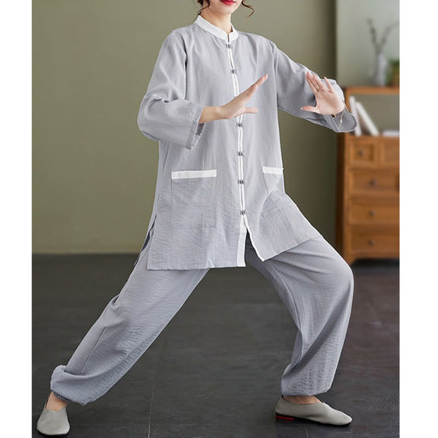 Buddha Stones 2Pcs Solid Color Long Sleeve Shirt Top Pants Meditation Zen Tai Chi Cotton Linen Clothing Women's Set Women's Meditation Cloth BS 13