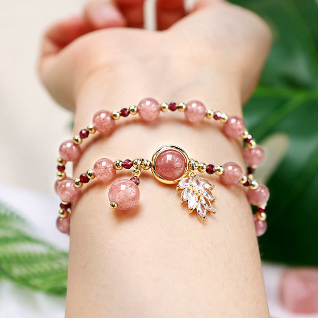 Buddha Stones Natural Strawberry Quartz Love Healing Maple Leaf Charm Double Wrap Bracelet