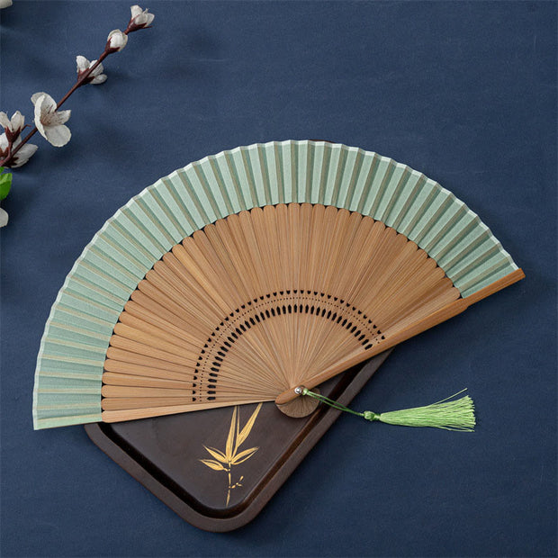 Buddha Stones Solid Color Handheld Silk Bamboo Folding Fan 21cm 3