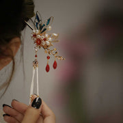 Buddha Stones Classical Chinese Style Flower Branche Butterfly Pearl Tassel Hair Clip Hair Comb Hair Crown