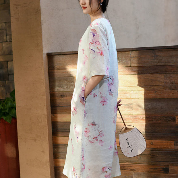 Buddha Stones Vintage Flowers Half Sleeve Ramie Linen Chinese Style Cheongsam Midi Dress With Pockets