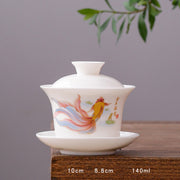 Buddha Stones White Porcelain Mountain Landscape Countryside Ceramic Gaiwan Teacup Kung Fu Tea Cup And Saucer With Lid Cup BS Long Cup-Koi Fish(8.8cm*10cm*140ml)