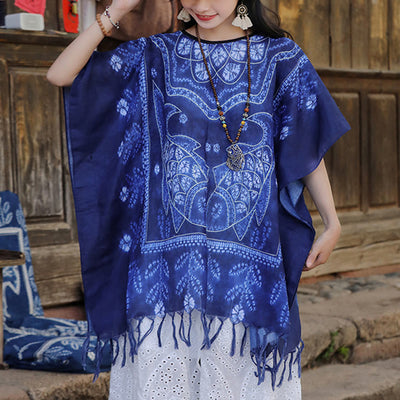 Buddha Stones Blue Tie Dye Koi Fish Shawl Tassels Soft Travel Pullover 90*95cm 1