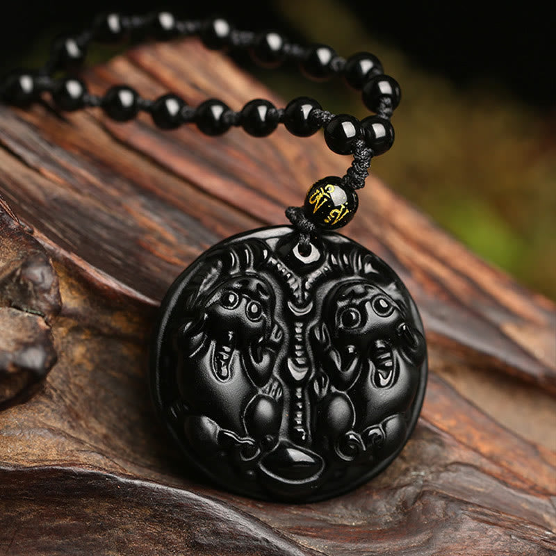 Buddha Stones Black Obsidian Double Pixiu Bead Rope Purification