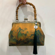 Buddha Stones Fragrant Cloud Yarn Bamboo Handle Metal Chain Crossbody Bag Handbags Crossbody Bag&Handbags BS Orange 28*7*20cm