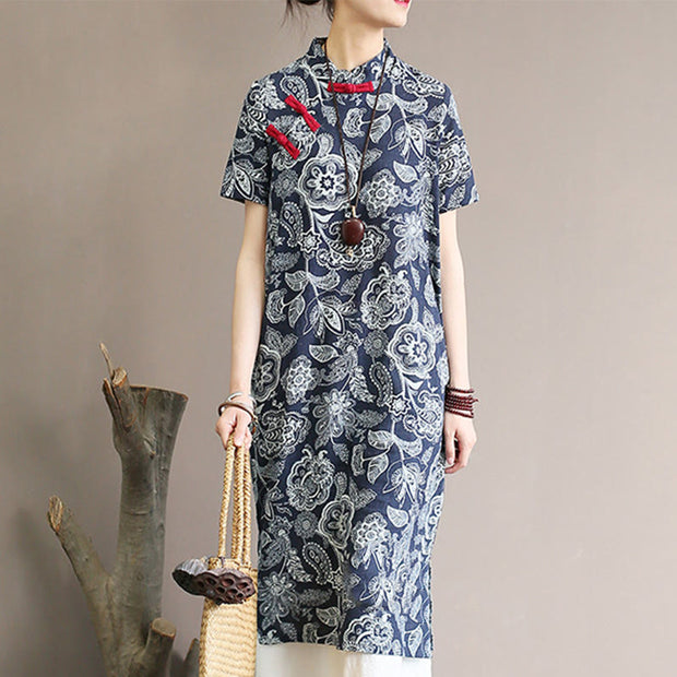 Buddha Stones Blue White Flower Frog-button Cheongsam Dresses Short Sleeve Linen Dresses With Pockets 17