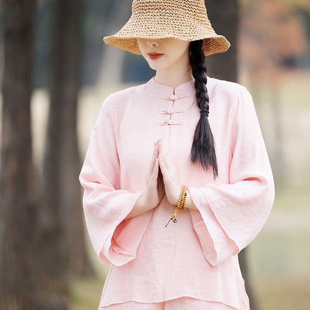 Buddha Stones 2Pcs Plain Design Top Pants Meditation Yoga Zen Tai Chi Cotton Linen Clothing Women's Set Clothes BS 3