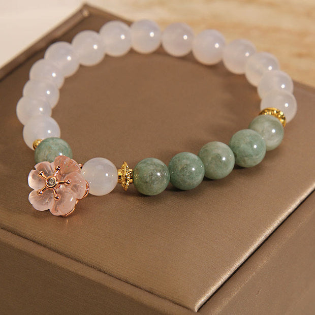 Buddha Stones White Agate Jade Flower Charm Luck Protection Bracelet Bracelet BS 4