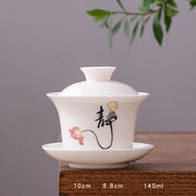 Buddha Stones White Porcelain Mountain Landscape Countryside Ceramic Gaiwan Teacup Kung Fu Tea Cup And Saucer With Lid Cup BS Long Cup-Chinese Character "Jing Xin" (8.8cm*10cm*140ml)