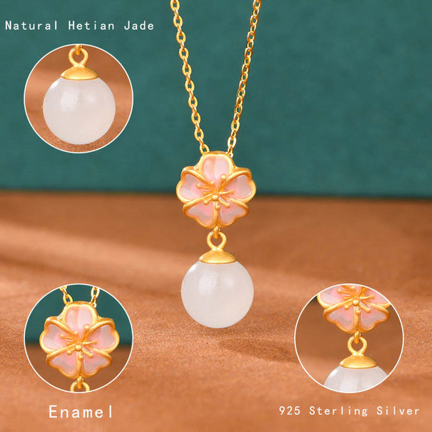 Buddha Stones 925 Sterling Silver Natural Hetian White Jade Cherry Blossom Sakura Luck Necklace Pendant Ring Earrings Set