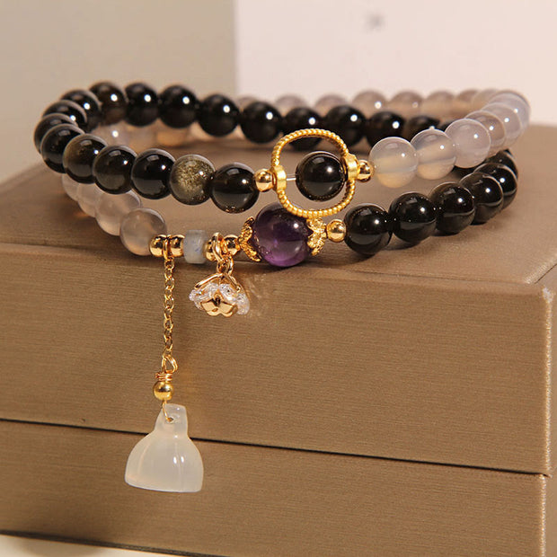 Buddha Stones Gold Sheen Obsidian Gray Agate Lotus Charm Strengthen Double Wrap Bracelet Bracelet BS 5