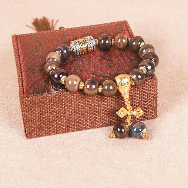 Buddha Stones Tibet Om Mani Padme Hum Prayer Wheel Dorje Vajra Engraved Glass Bead Wisdom Bracelet (Extra 35% Off | USE CODE: FS35) - Golden Dorje - image 2
