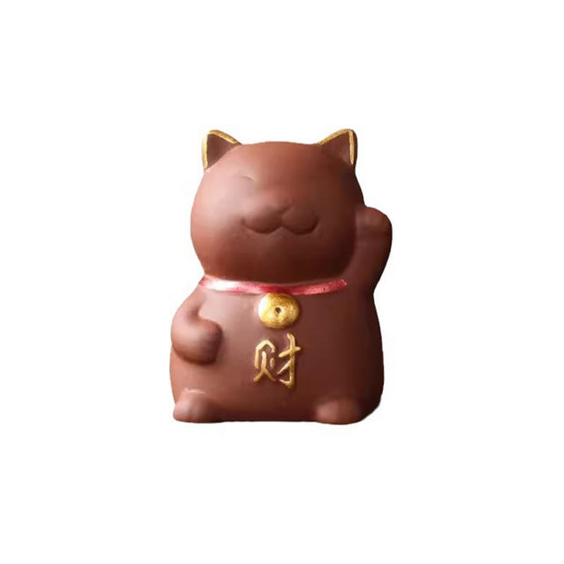 Buddha Stones Mini Lucky Cat Wealth Tea Pet Purple Clay Figurine Decoration Decorations BS 3