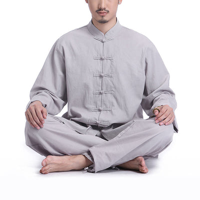 Buddha Stones Chinese Frog Button Design Meditation Prayer Cotton Linen Spiritual Zen Practice Yoga Clothing Men's Set Clothes BS Gray(Long Sleeve) XXXL