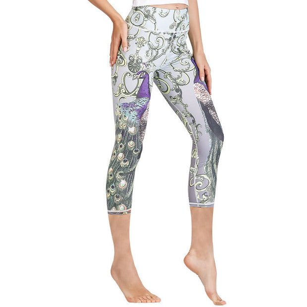 Buddha Stones Lotus Cherry Blossom Gradient Peacock Print Lycra Fabric Sports Cropped Leggings Women's Yoga Capri Pants Women's Capri Pants BS Gray White Peacock Print XL(Fit for US8-10; UK/AU12-14; EU40-42)