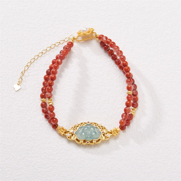 Buddha Stones 925 Sterling Silver Plated Gold Natural Red Agate Lotus Jade Calm Double Layer Bracelet