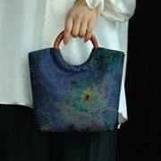 Buddha Stones Peony Flower Bamboo Leaves Bird Solid Wood Handle Handbag Handbags BS Blue-Purple Peony 22*19*11cm