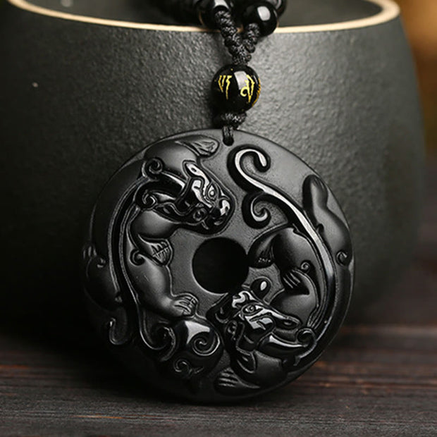 Buddha Stones Natural Black Obsidian Peace Buckle Pixiu Bead Rope Strength Necklace Pendant Necklaces & Pendants BS 1