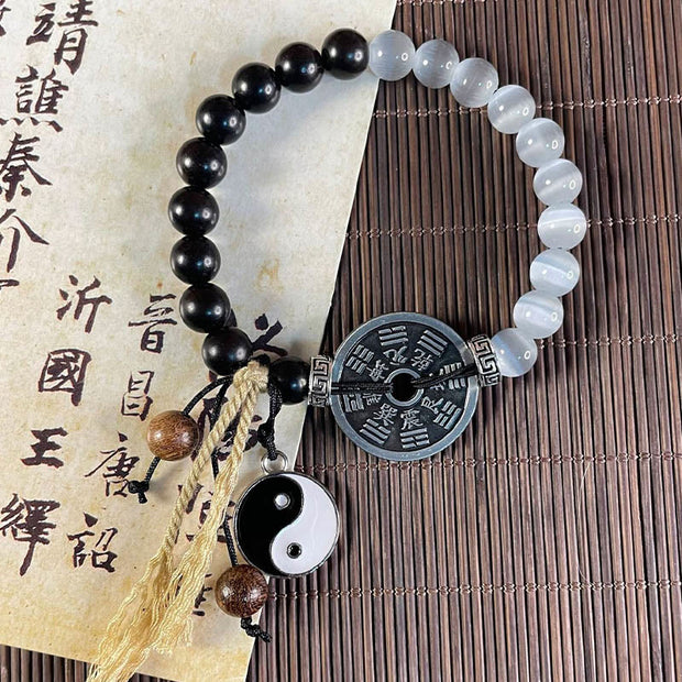Buddha Stones Cat's Eye Ebony Wood Yin Yang Bagua Coin Support Rope Bracelet