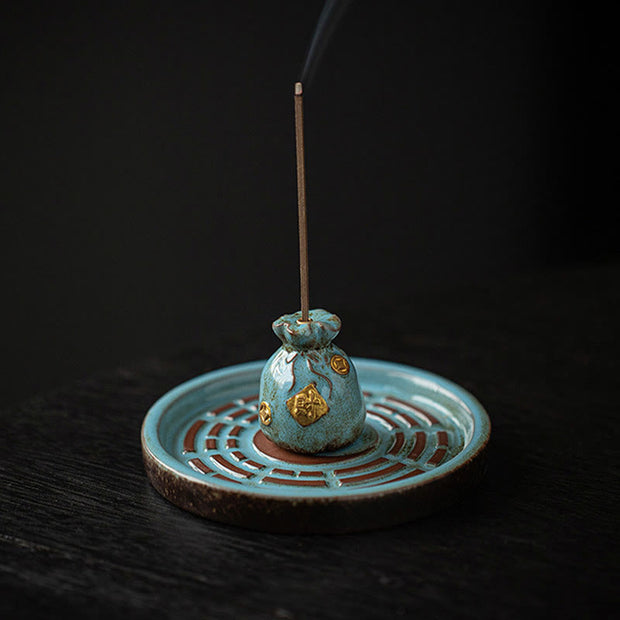 Buddha Stones Small Treasure Bowl Lucky Bag Bagua Tray Healing Ceramic Stick Incense Burner Decoration