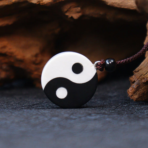 Buddha Stones Natural Black Obsidian White Turquoise Yin Yang Fulfilment Strength Necklace Pendant 3