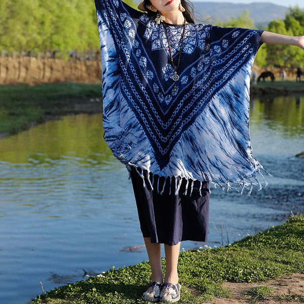 Buddha Stones Blue Striped Floral Indigo Dyeing Shawl Tassels Cozy Pullover 90*95cm