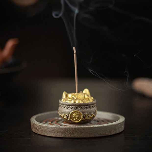 Buddha Stones Small Treasure Bowl Lucky Bag Bagua Tray Healing Ceramic Stick Incense Burner Decoration Incense Burner BS 6