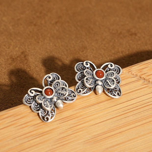Buddha Stones 925 Sterling Silver Red Agate Butterfly Self-acceptance Ring Earrings Set Bracelet Necklaces & Pendants BS 12