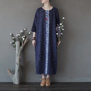 Buddha Stones Blue Flowers Embroidery Jacquard Midi Dress Three Quarter Sleeve Cotton Dress With Pockets 15