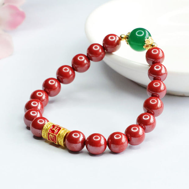 Buddha Stones Natural Cinnabar Green Agate Om Mani Padme Hum Pattern Blessing Bracelet Bracelet BS 9