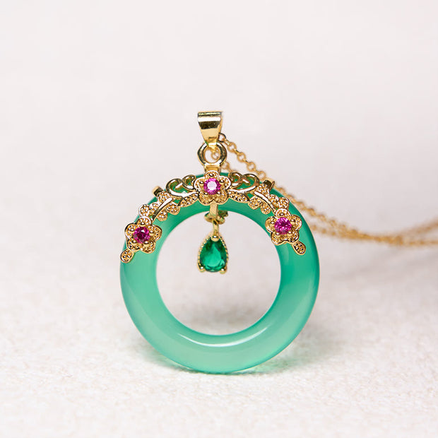 Buddha Stones Green Chalcedony Peace Buckle Design Strength Necklace Pendant