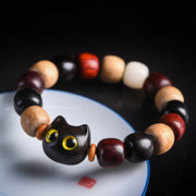 Buddha Stones Small Leaf Red Sandalwood Ebony Wood Cute Cat Engraved Protection Bracelet