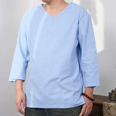 Buddha Stones Solid Color Three Quarter Sleeve Men's T-shirt Men's T-Shirts BS LightSkyBlue 4XL(Fit for US/UK/AU48; EU58)