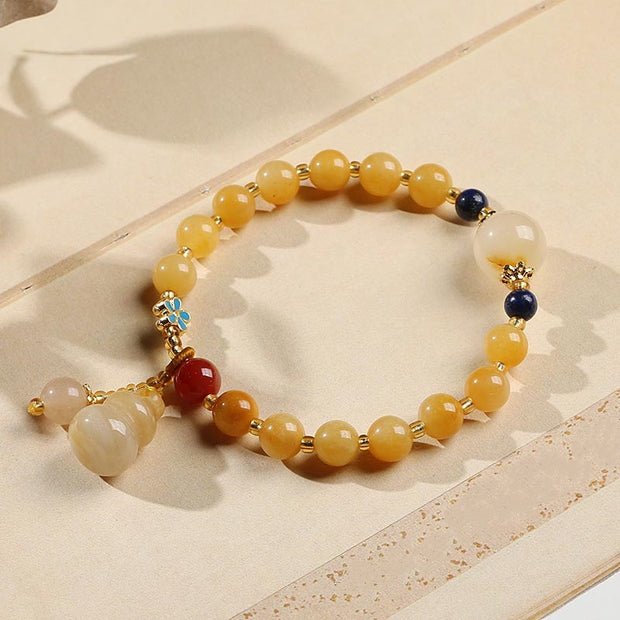 Buddha Stones Natural Golden Silk Jade Gourd Charm Wealth Luck Bracelet