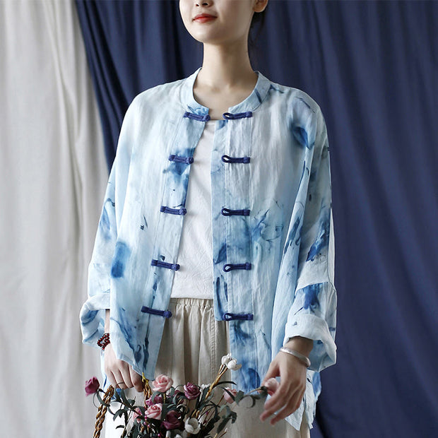 Buddha Stones Tie Dye Blue Flowers Frog-Button Design Long Sleeve Ramie Linen Jacket Shirt 1