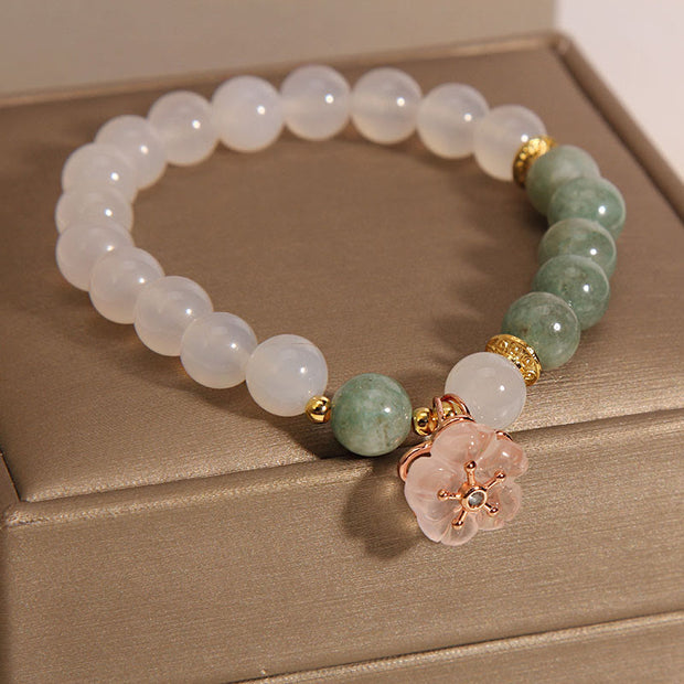 Buddha Stones White Agate Jade Flower Charm Luck Protection Bracelet