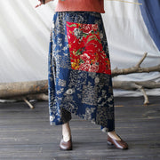 Buddha Stones Red Peony Blue Bamboo Chrysanthemum Patchwork Cotton Linen Harem Pants With Pockets 12