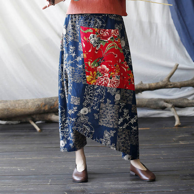 Buddha Stones Red Peony Blue Bamboo Chrysanthemum Patchwork Cotton Linen Harem Pants With Pockets 12