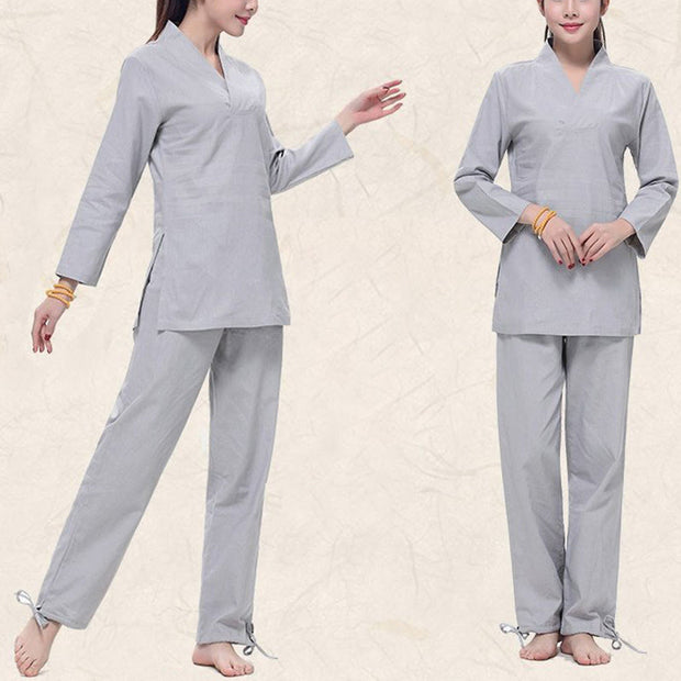 Buddha Stones Zen Practice Yoga Meditation Prayer V-neck Design Uniform Cotton Linen Clothing Women's Set Clothes BS 7
